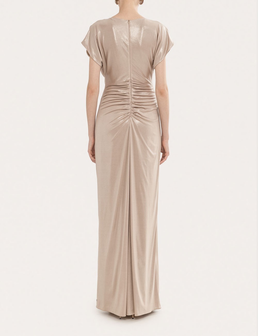 Abito lungo con balze in jersey elasticizzato metallizzato nude