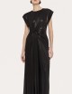 Abito lungo con balze in jersey elasticizzato metallizzato nero