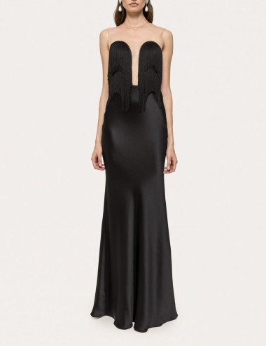 Fringe-detail satin maxi dress black