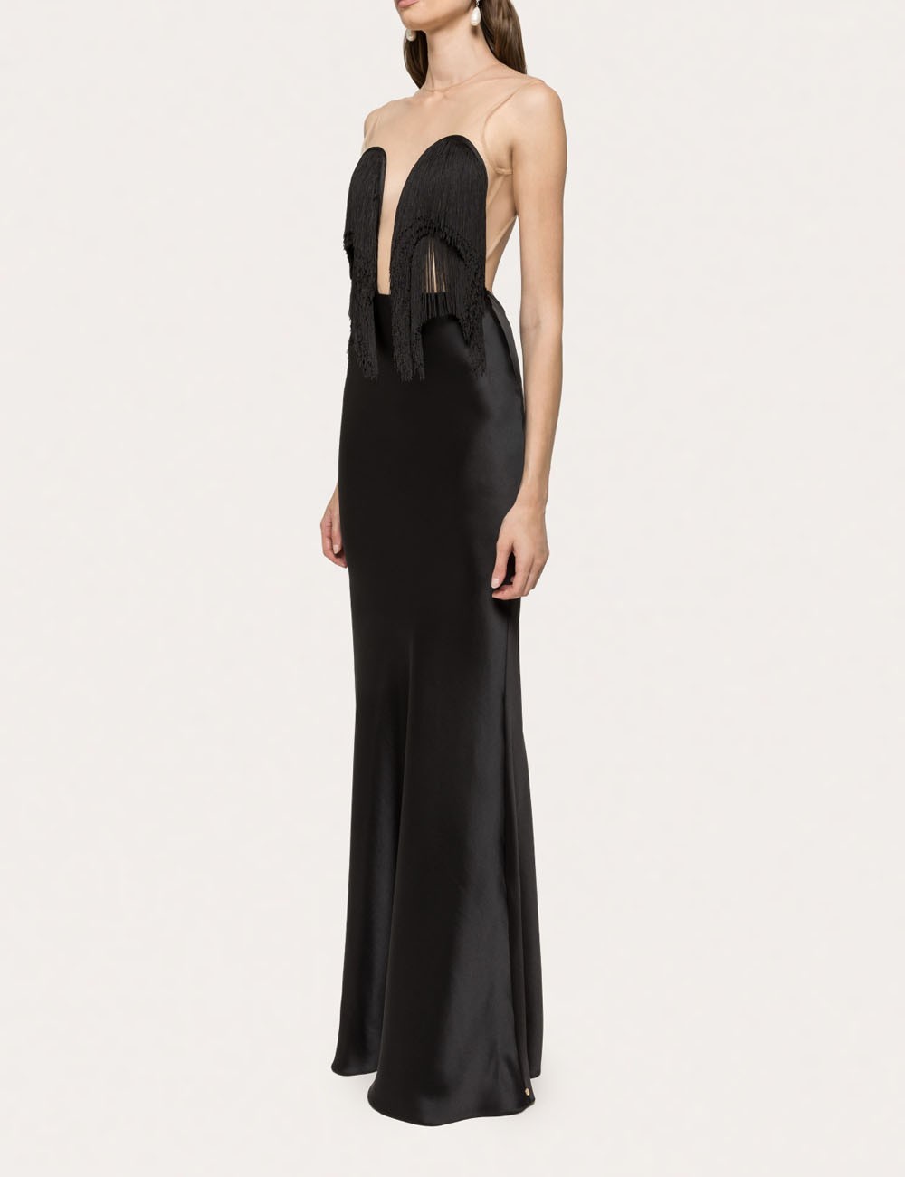 Fringe-detail satin maxi dress black