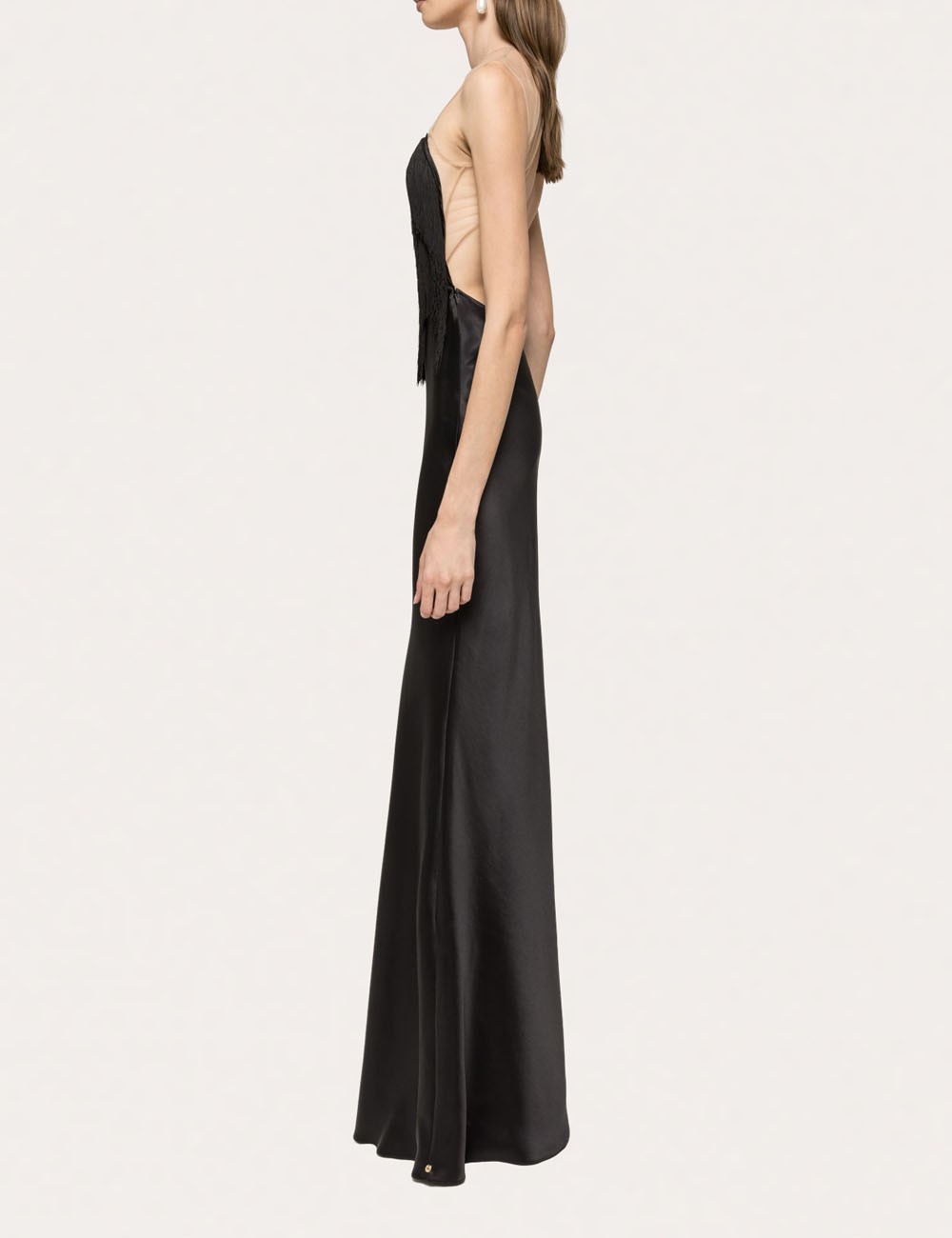 Fringe-detail satin maxi dress black