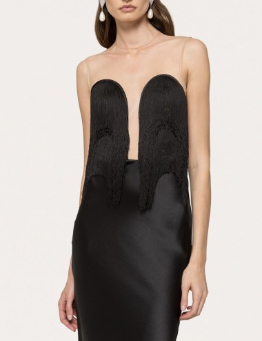 Fringe-detail satin maxi dress black