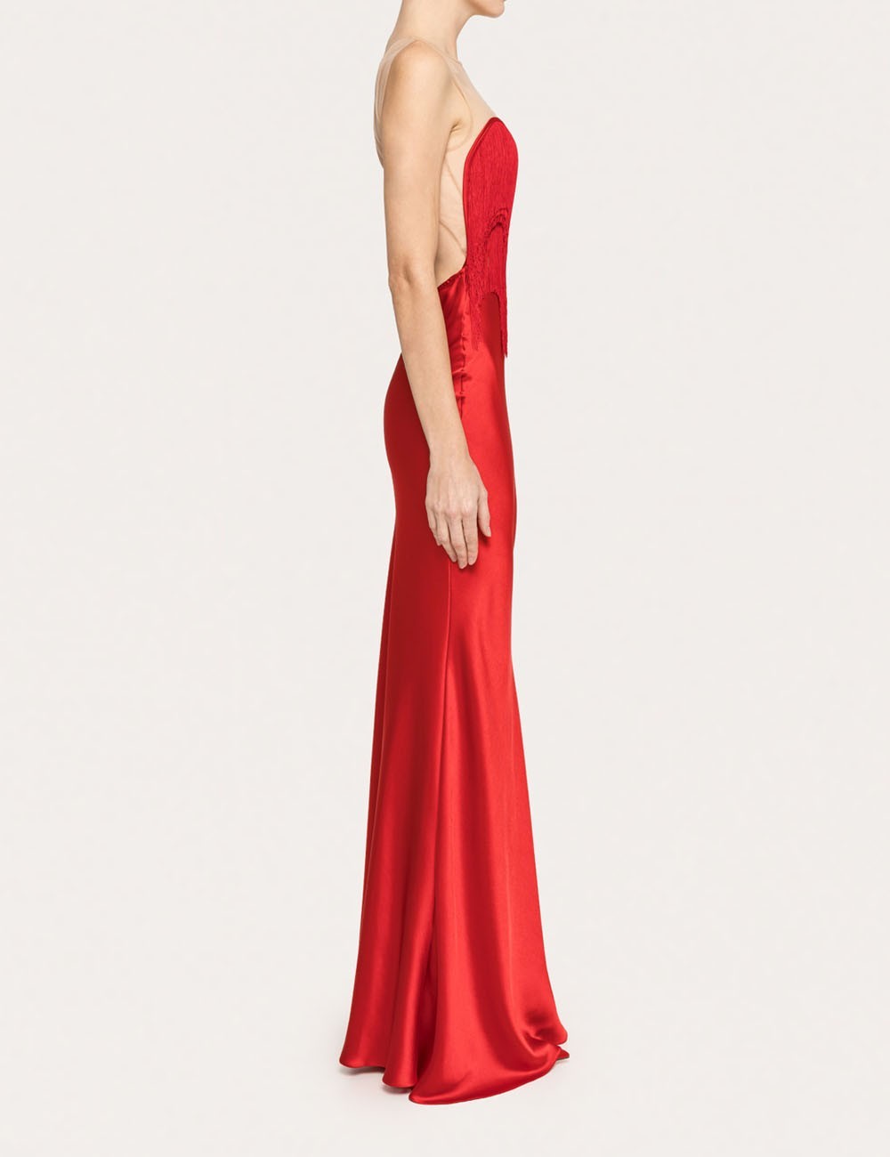 Fringe-detail satin maxi dress red