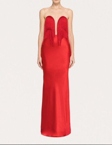 Fringe-detail satin maxi dress red