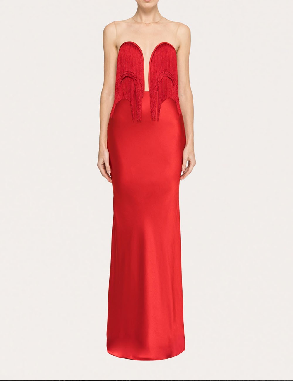 Fringe-detail satin maxi dress red