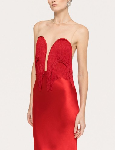 Fringe-detail satin maxi dress red