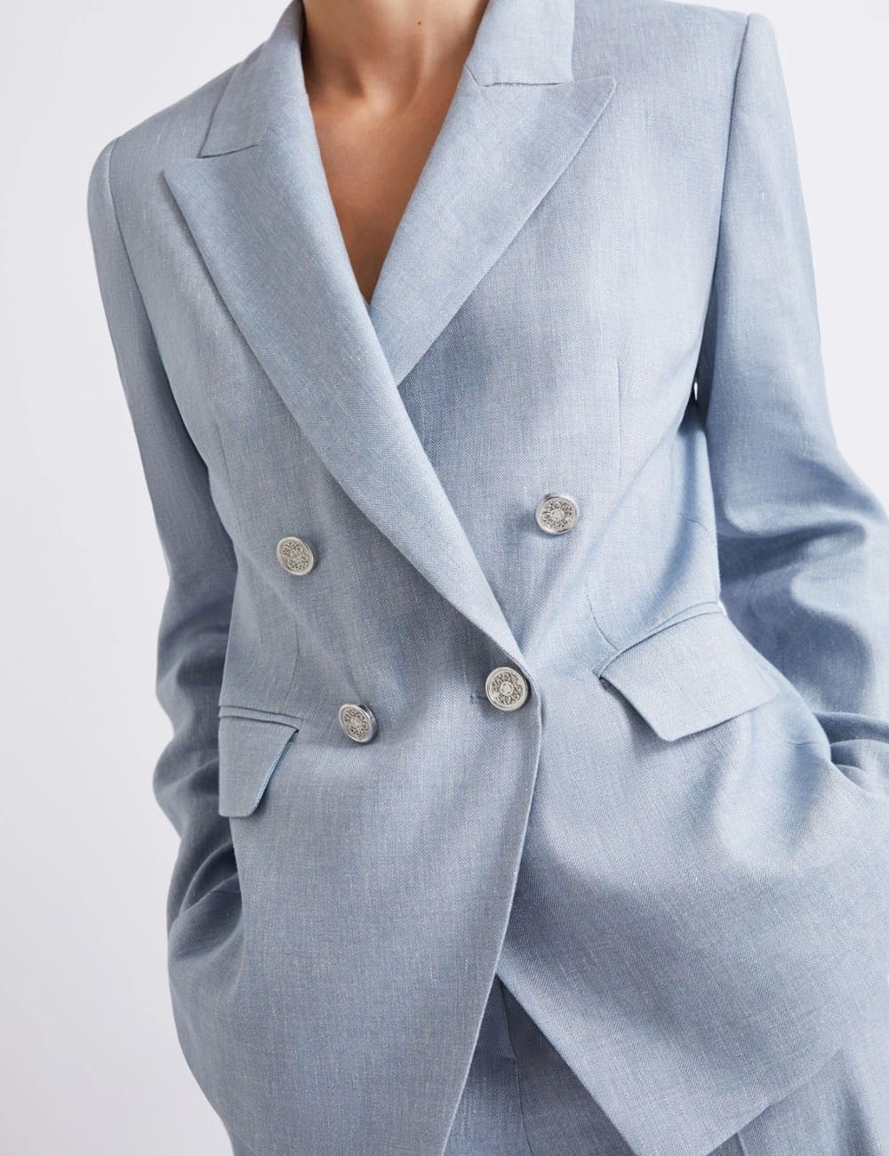Herringbone linen-blend blazer light blue