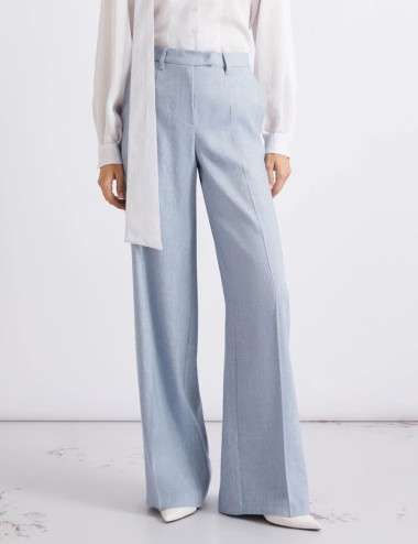Pantalone palazzo in chevron di lino e viscosa celeste