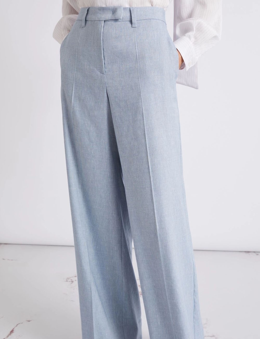 Herringbone linen and viscose palazzo trousers light blue