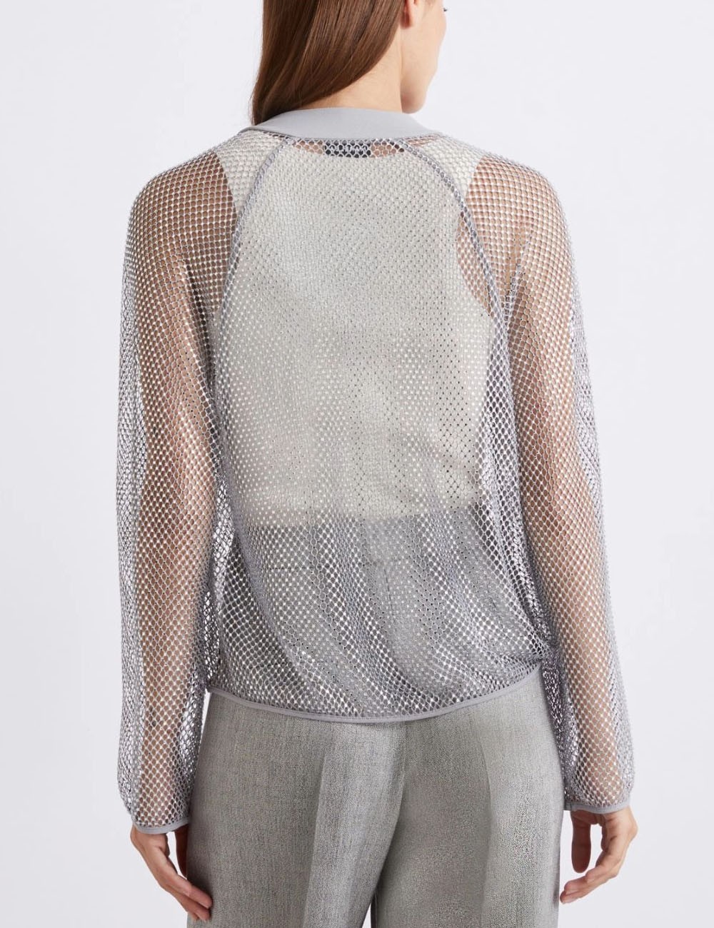 Rhinestone mesh blouson jacket gray