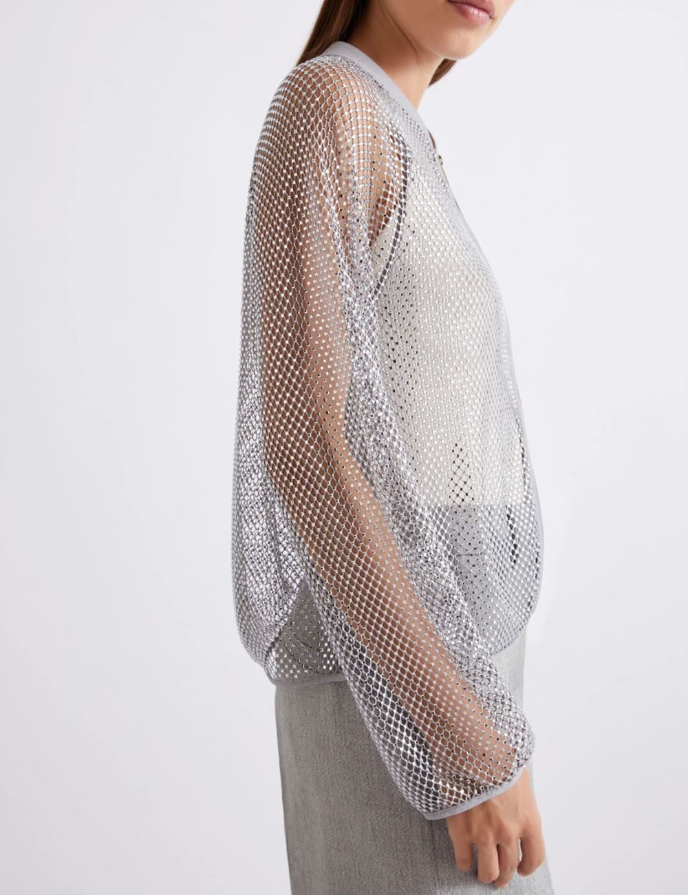 Rhinestone mesh blouson jacket gray
