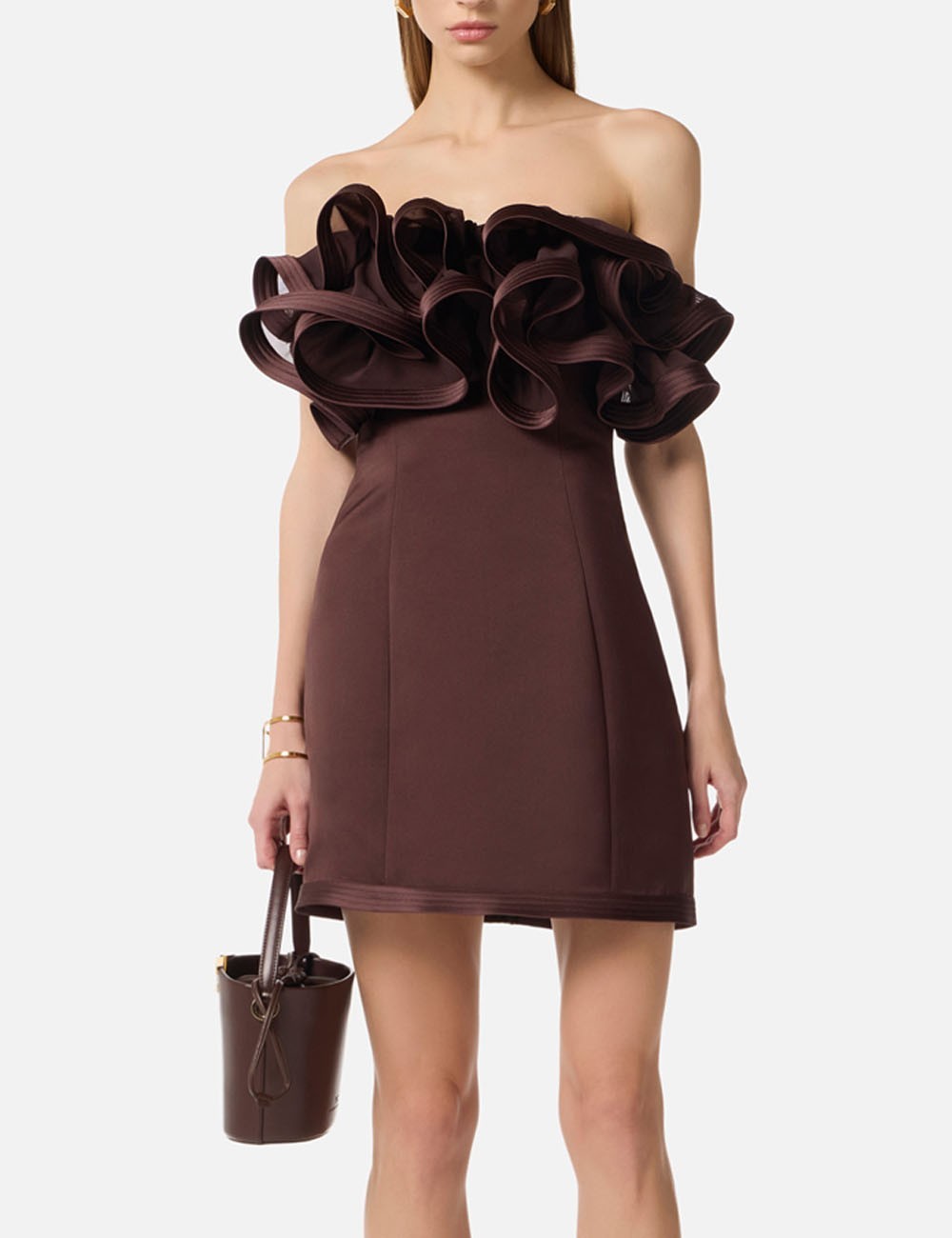 Mini abito in duchesse con maxi ruche cacao