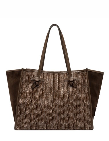 Shoulder bag MARCELLA herringbone straw choco