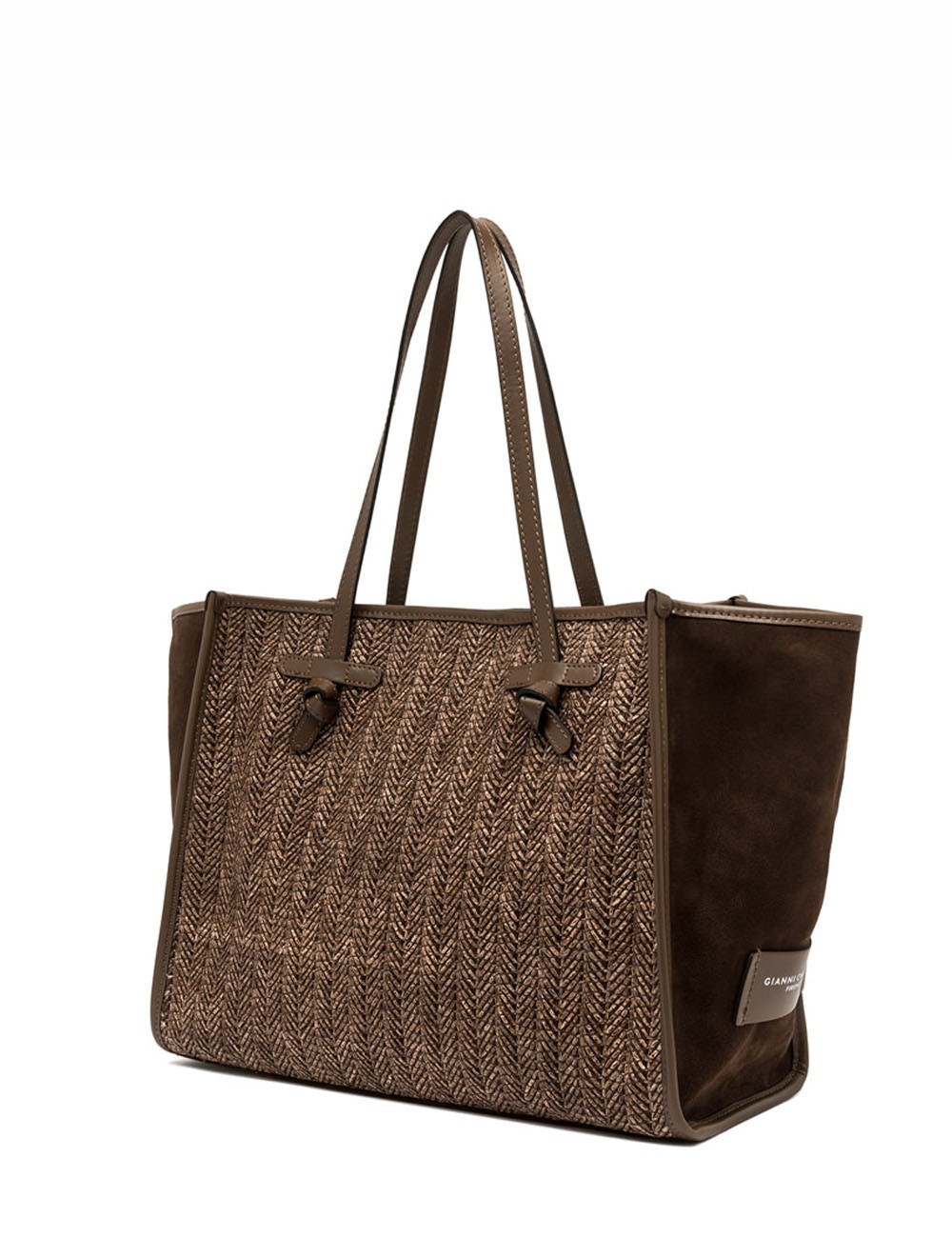 Shoulder bag MARCELLA herringbone straw choco