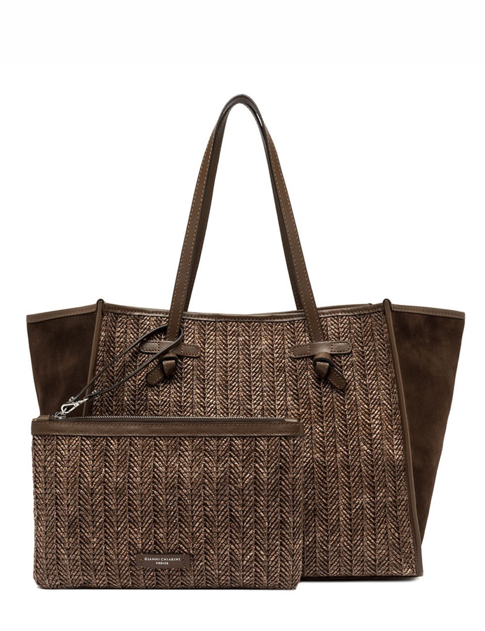 Shoulder bag MARCELLA herringbone straw choco