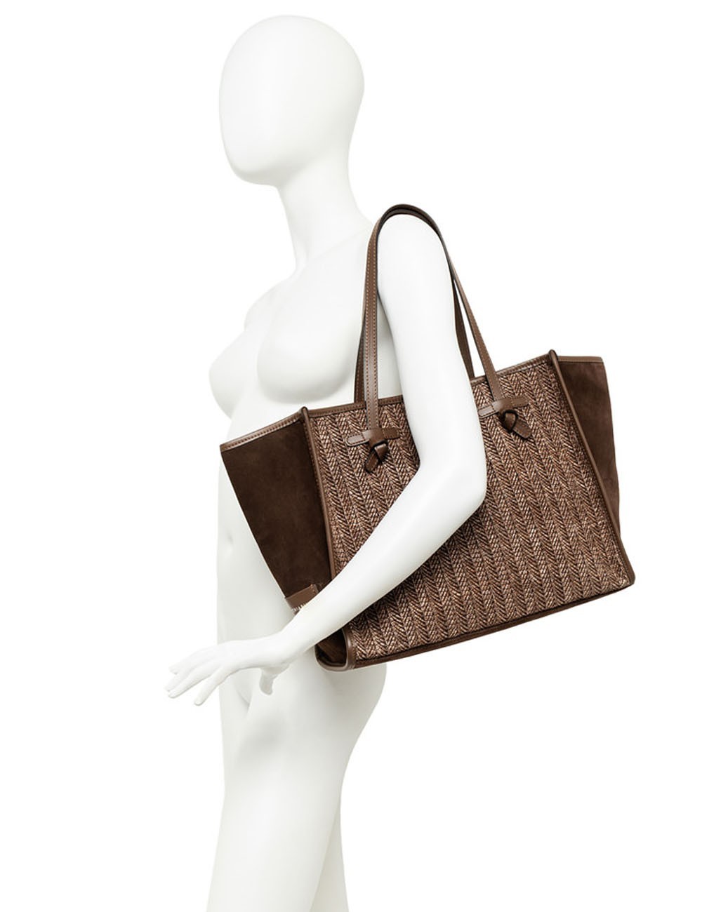 Shoulder bag MARCELLA herringbone straw choco
