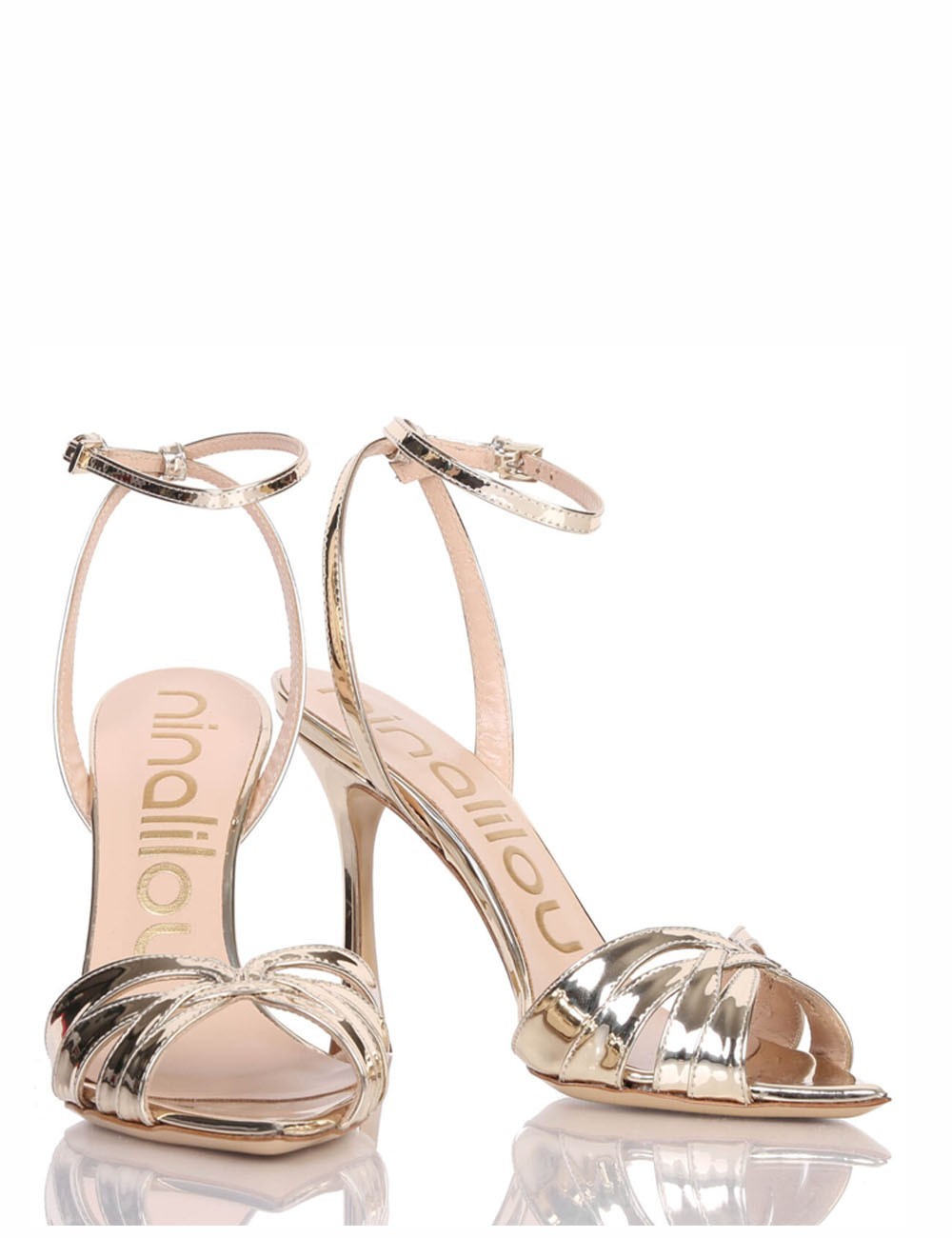 High heel ankle strap sandal PEAK 90 in mirror leather platinum
