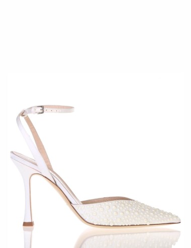 High heel ankle strap point toe pump AMY 90 in fabric leather silky white