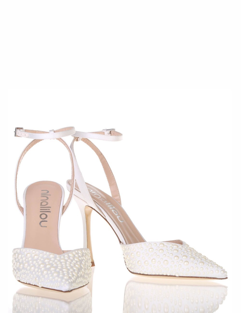 High heel ankle strap point toe pump AMY 90 in fabric leather silky white