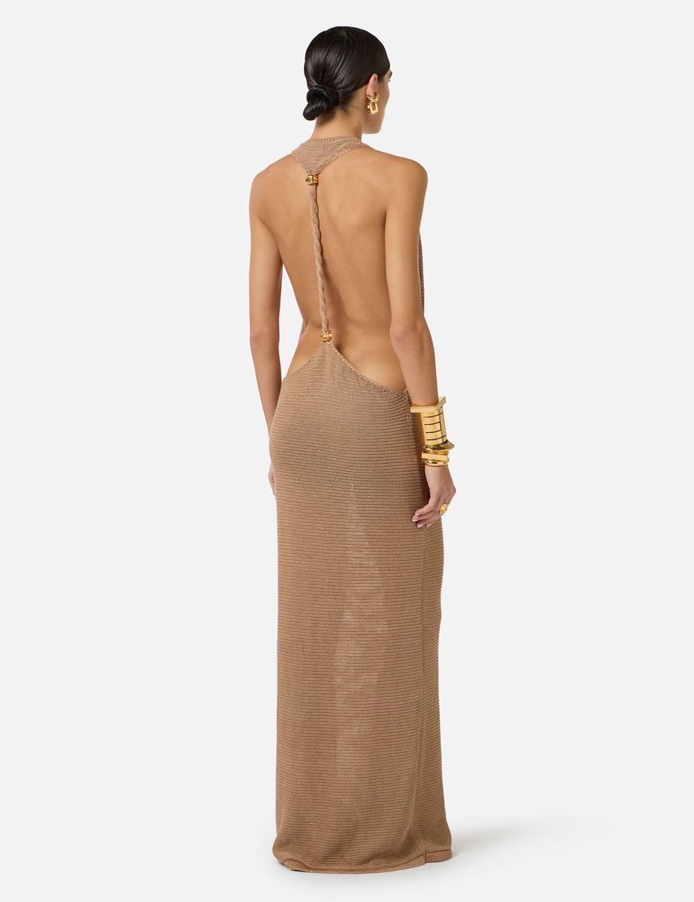 Knit dress with jewel twisted necklace camel