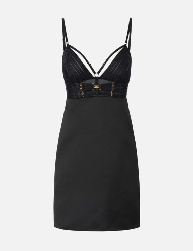 Mini dress in duchess satin with elastic straps black