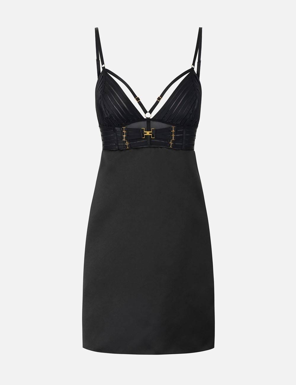 Mini dress in duchess satin with elastic straps black