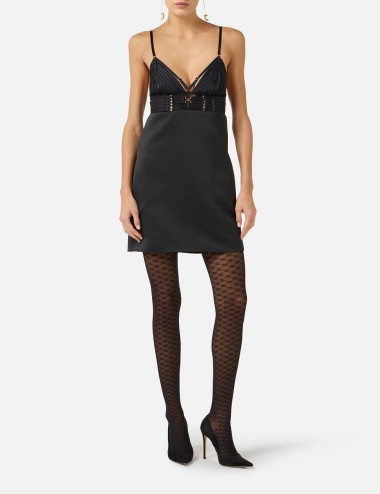 Mini dress in duchess satin with elastic straps black