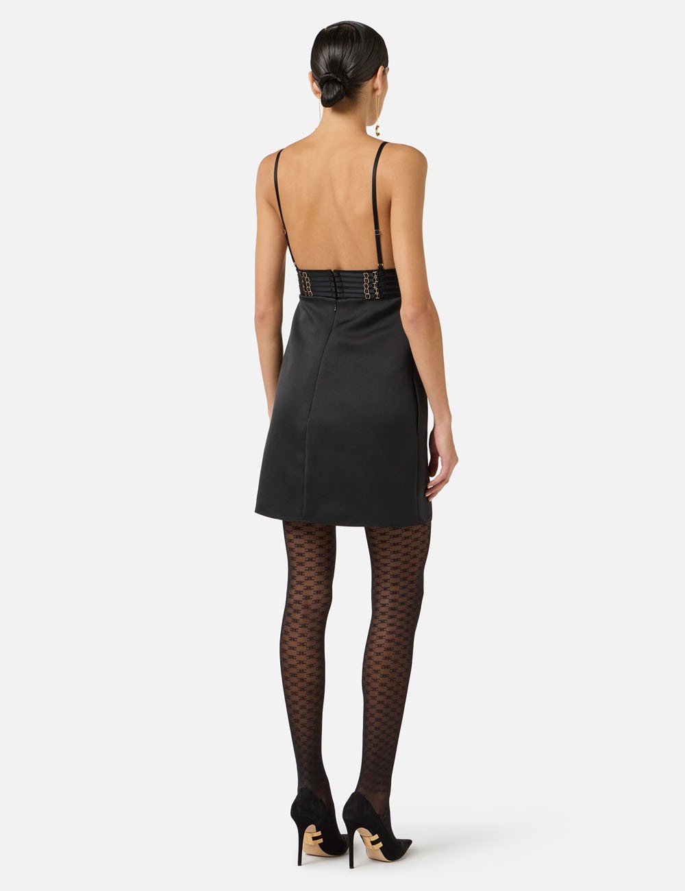 Mini dress in duchess satin with elastic straps black