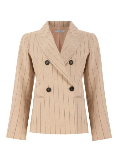 Giacca a doppiopetto con paillettes in lino gessato pesca