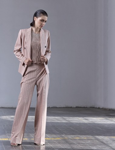 Giacca a doppiopetto con paillettes in lino gessato pesca