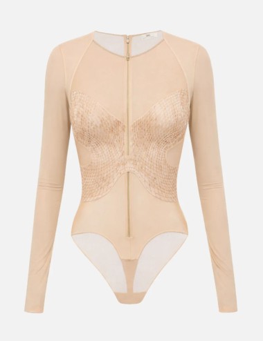 Body in jersey e tulle con cristalli NUDE/CRYSTAL