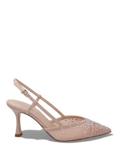 AMY 70 High heel slingback point toe pump in nappa leather with rhinestones nude