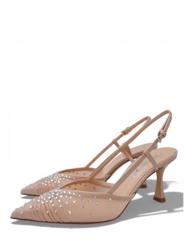 AMY 70 High heel slingback point toe pump in nappa leather with rhinestones nude