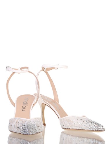 Décolleté AMY 70 in pizzo e nappa con applicazione di strass avorio