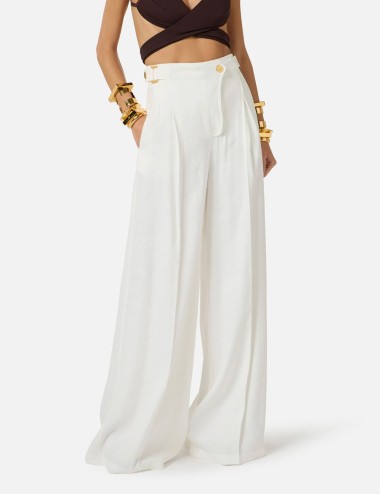 Pantaloni in misto lino con cinturini avorio