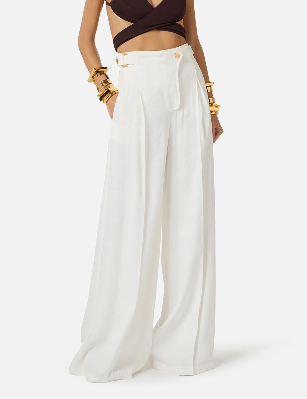 Pantaloni in misto lino con cinturini avorio