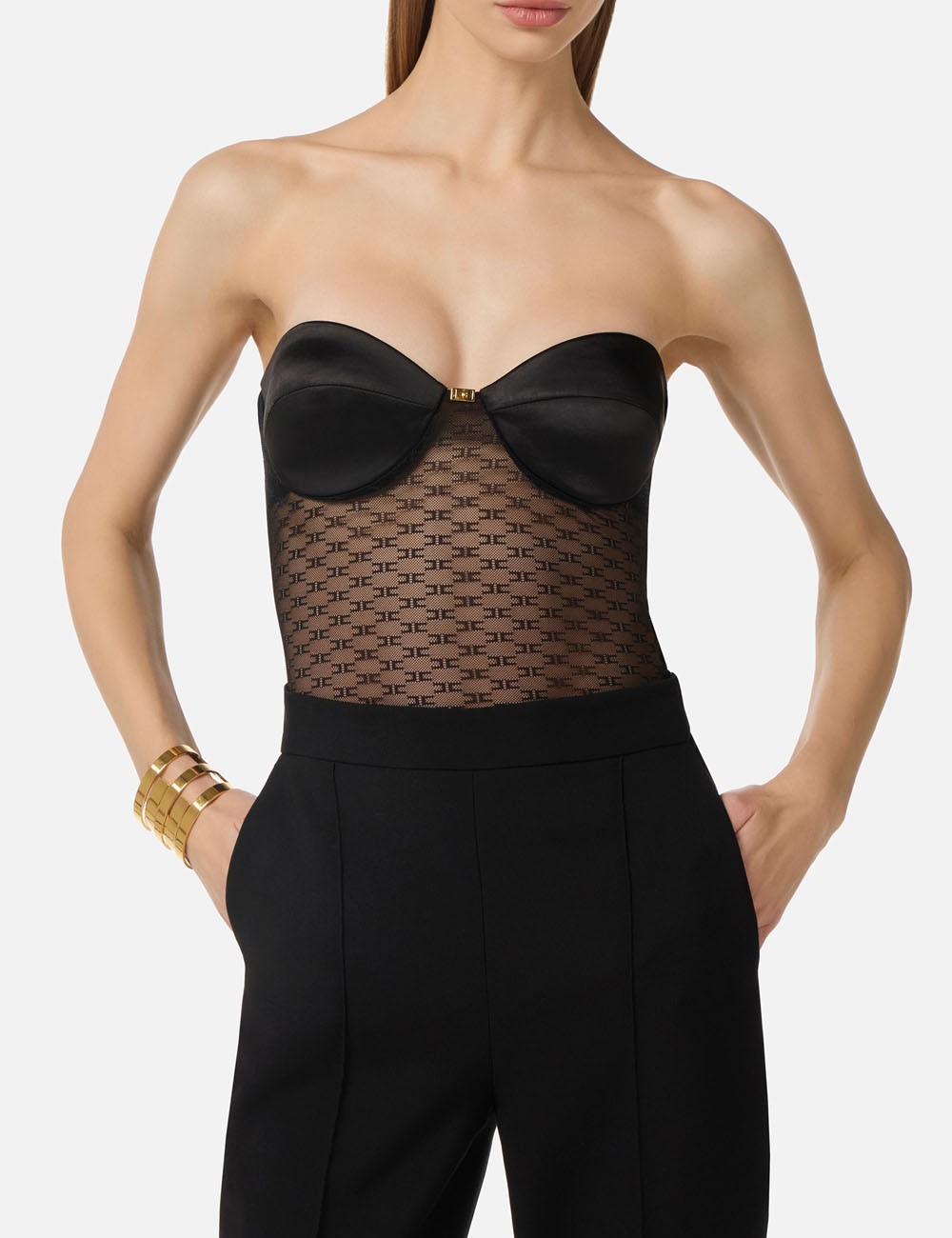 Body in tulle jacquard con monogram nero