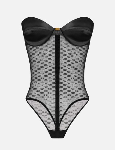 Bodysuit in jacquard tulle fabric with monogram black