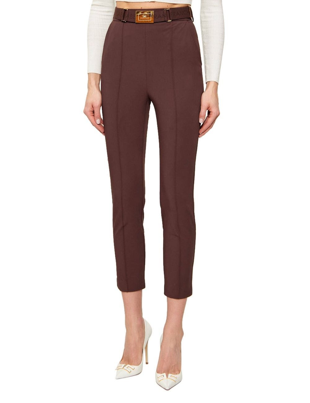 Trousers in technical bi-elastic fabric with belt cocoa