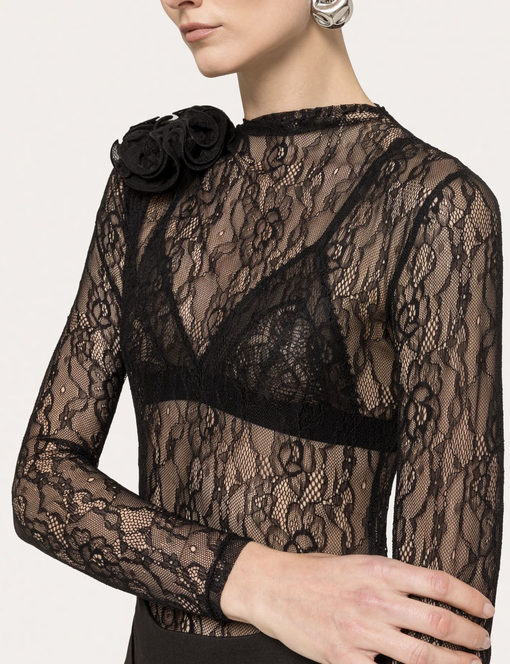 Floral-detail lace bodysuit black