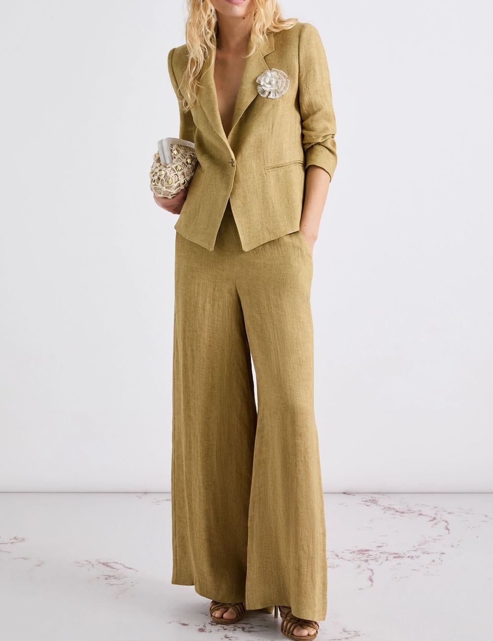 Blazer aderente in lino delavé kaki