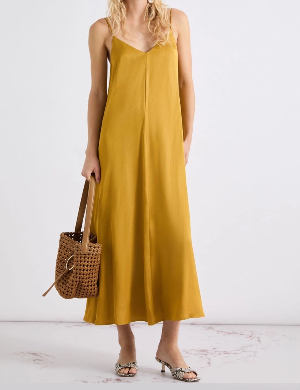 Linen-blend gabardine slip dress cognac
