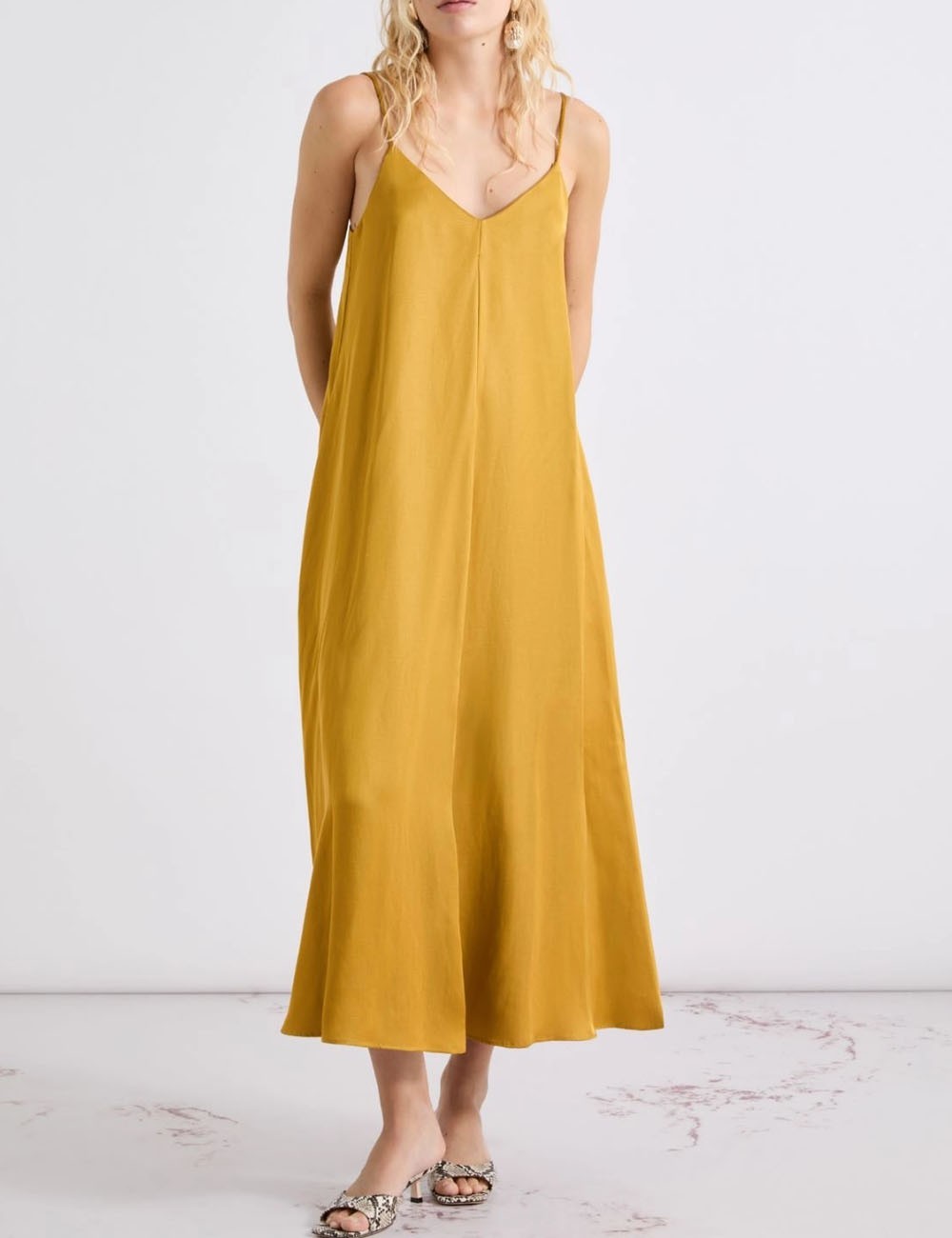 Linen-blend gabardine slip dress cognac