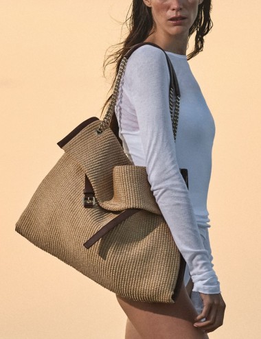 Venus Zanzibar Large fabric and leather shoulder bag biscuit