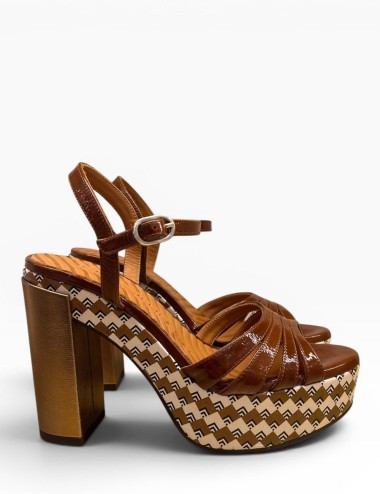 Sandalo JOLLY con plateau in pelle marrone tacco oro