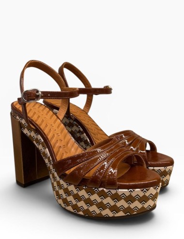 Sandalo JOLLY con plateau in pelle marrone tacco oro