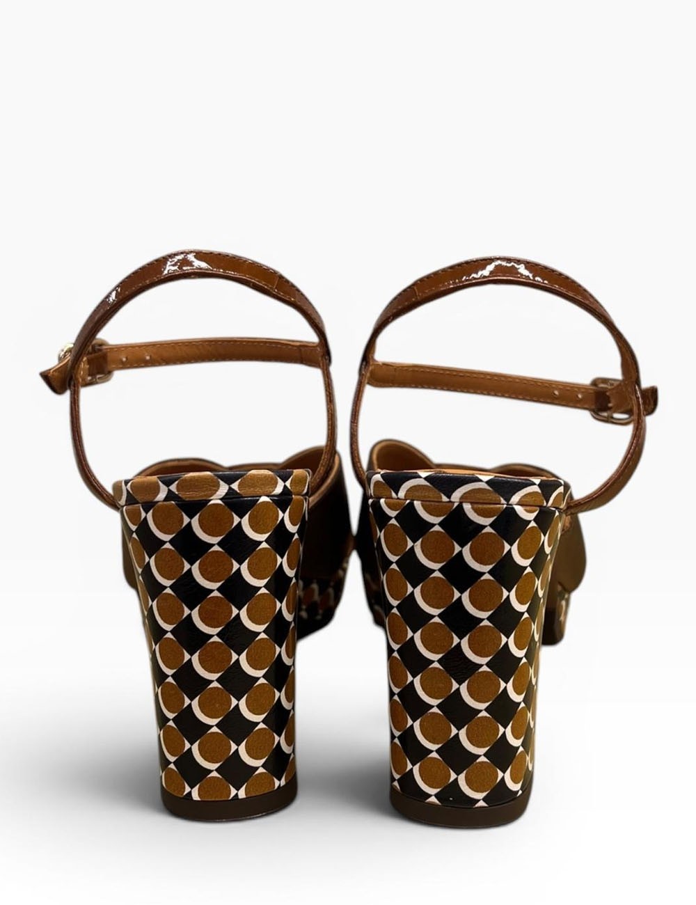 Sandalo KACTO con plateau in pelle marrone bronzo tacco stampa geometrica