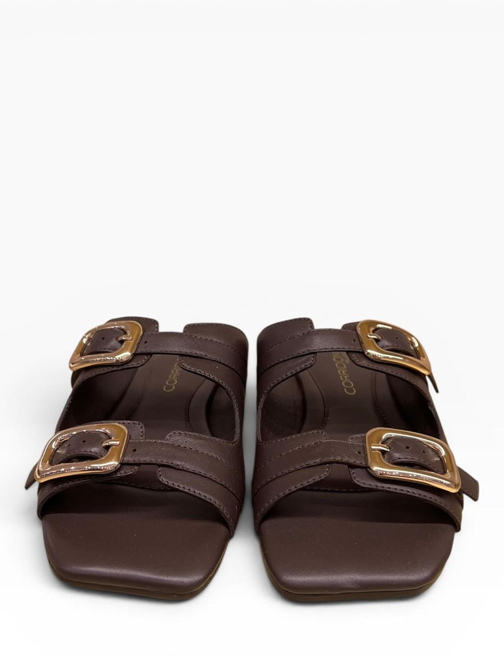 Sandalo con doppia fibbia in pelle marrone