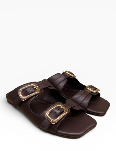 Sandalo con doppia fibbia in pelle chocolate