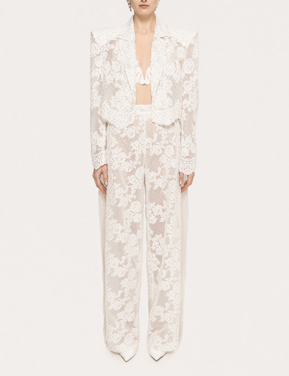 Embellished lace pants white